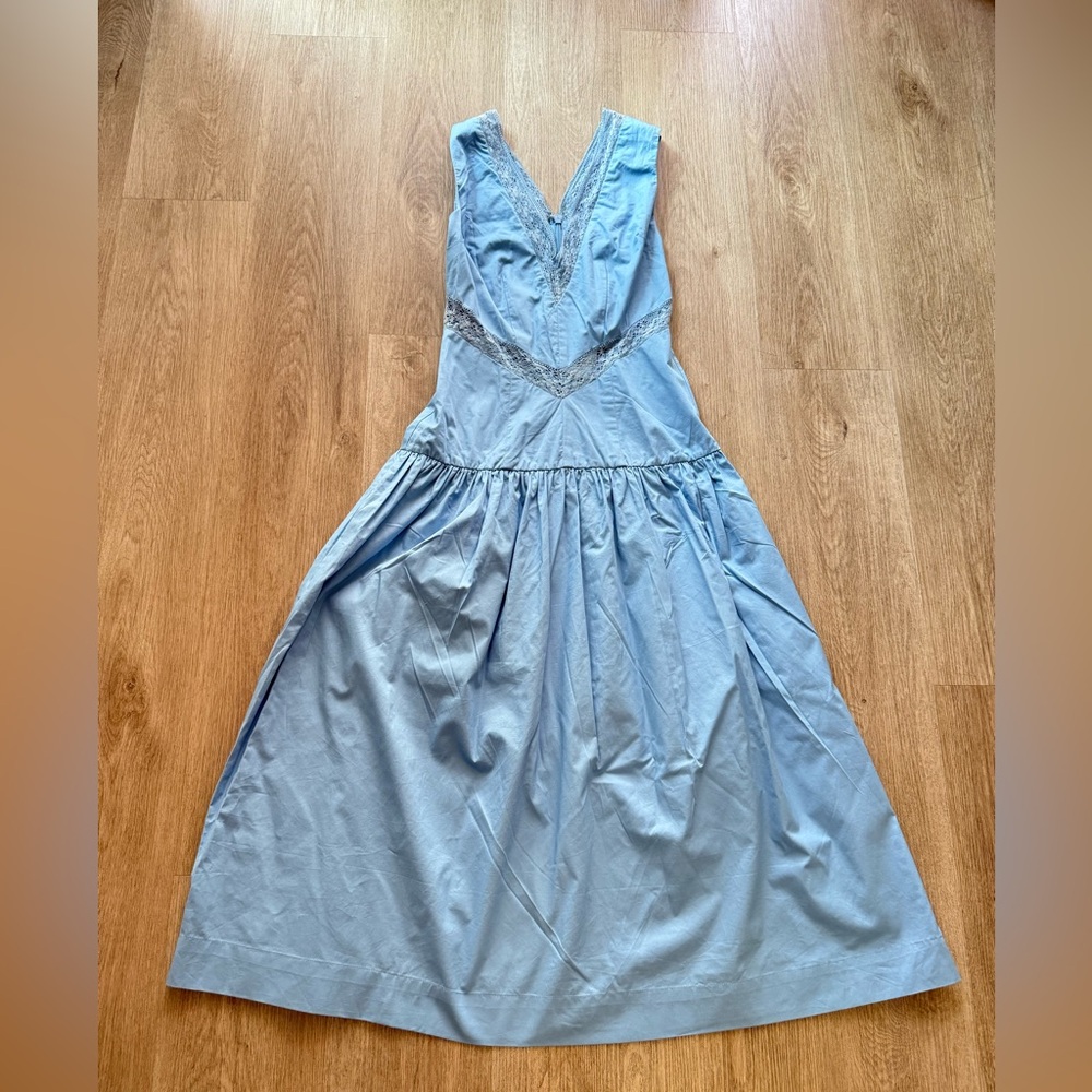 mon renn blue v-neck lace detail midi summer sun dress size small NEW